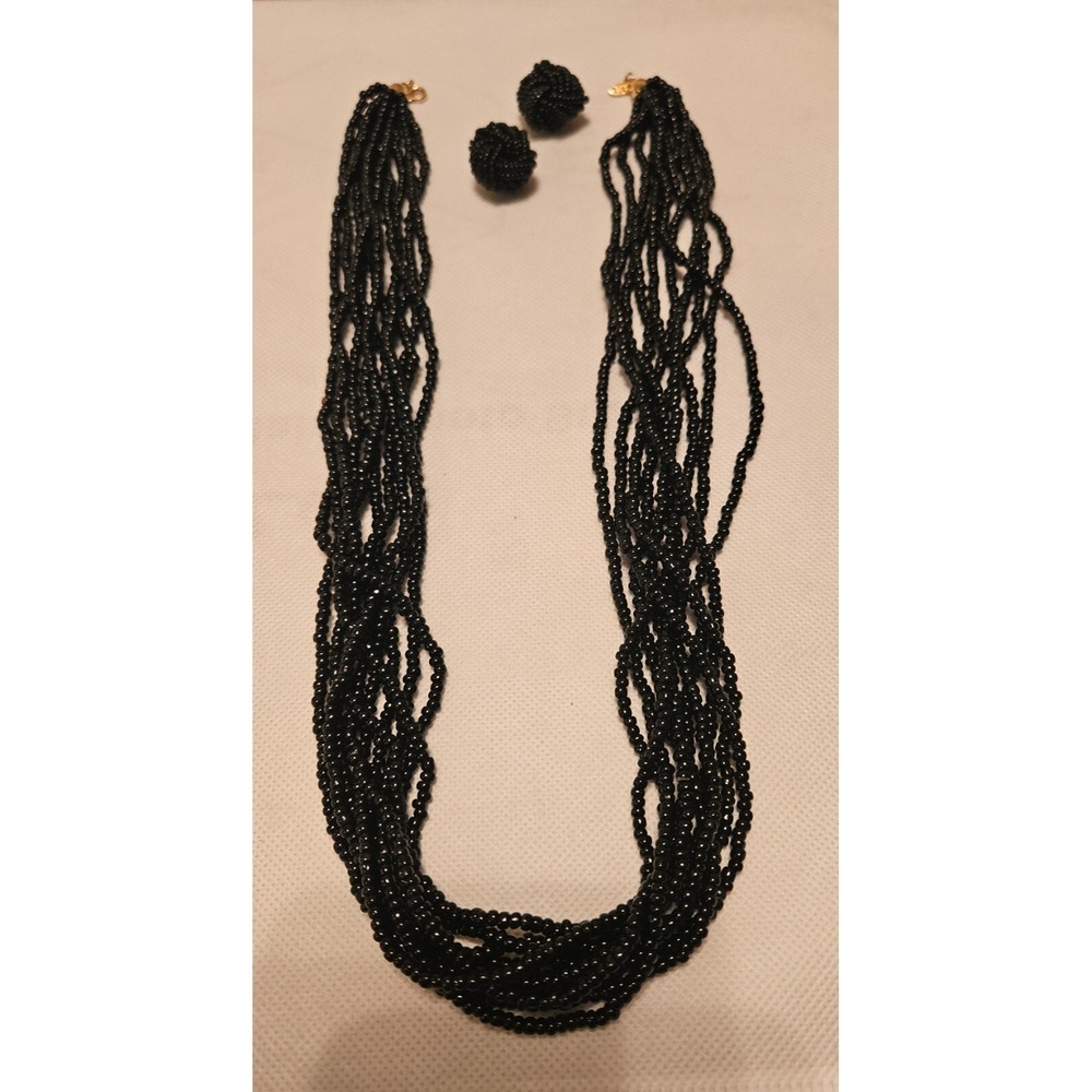 VINTAGE TRIFARI Beaded Necklace and Earrings Set - Black Seed Beads Jewelry Set - Picture 6 of 15
